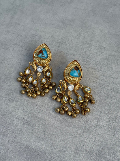 Ayura Designs Arheer Earrings – Turquoise Marble with Kundan Detailing & Antique Gold Ghungroos