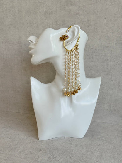 Ayura Designs Nargiza Ear Cuffs – Pearl Tassel Ear Cuffs with Ghungroo Detailing & Ruby Stone Accents