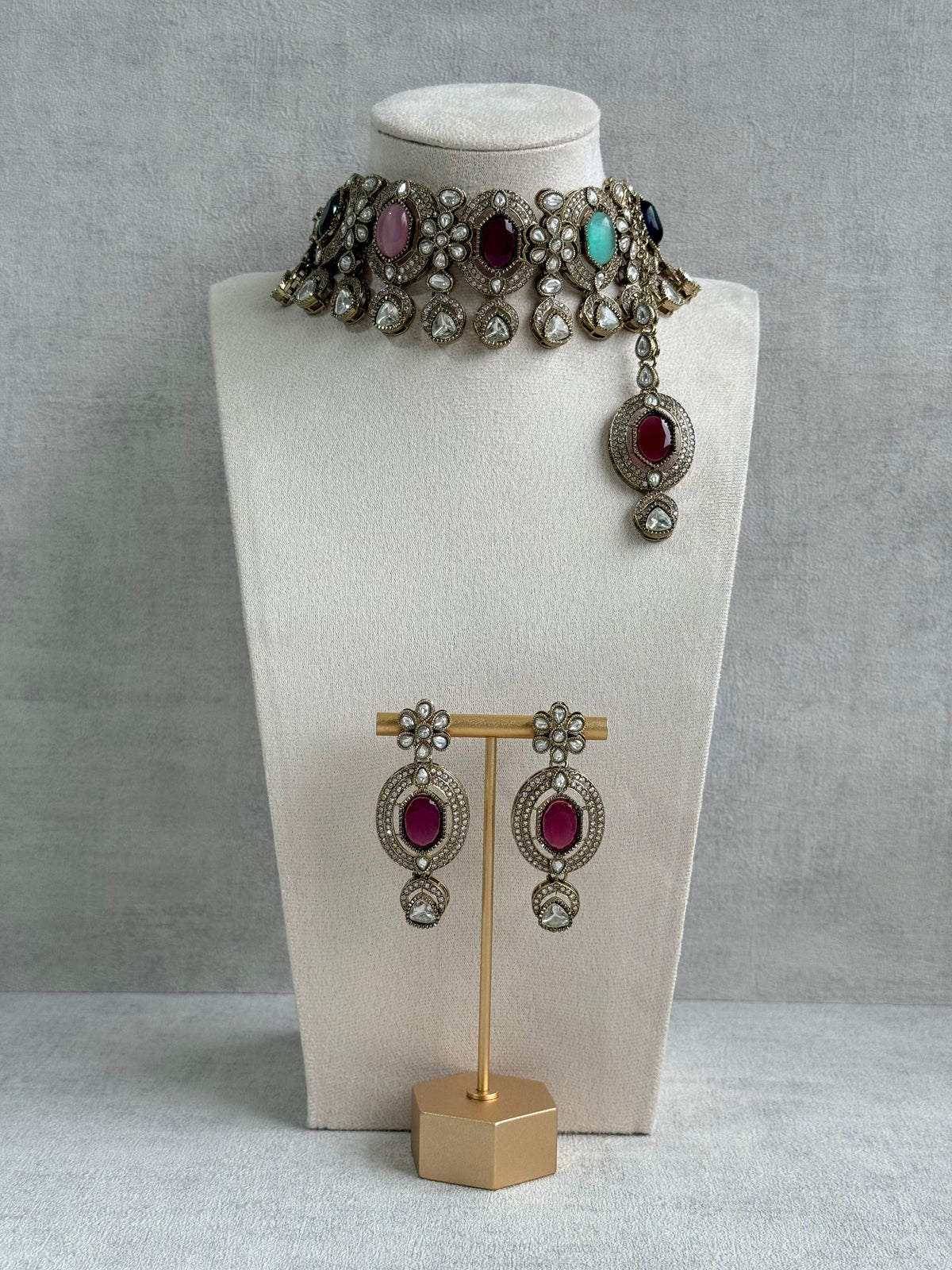 Ayura Designs Emanya Choker Set – Choker, Earrings & Tikka with Mirror-Cut Stones, Multicolour & Antique Gold Detailing