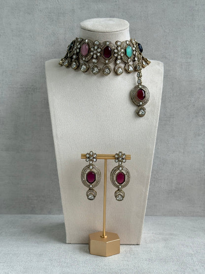Ayura Designs Emanya Choker Set – Choker, Earrings & Tikka with Mirror-Cut Stones, Multicolour & Antique Gold Detailing