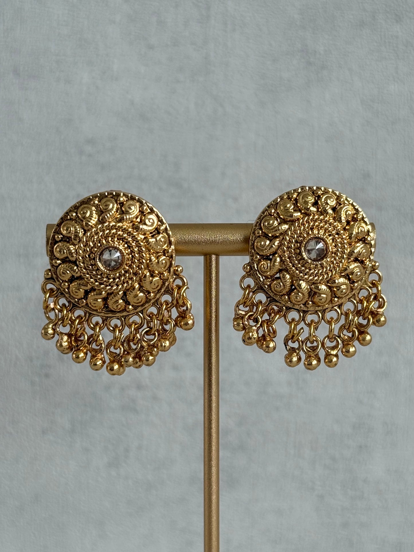 Ayura Designs Deesha Stud Earrings – Gold Finish with Crystal & Ghungroo Detailing