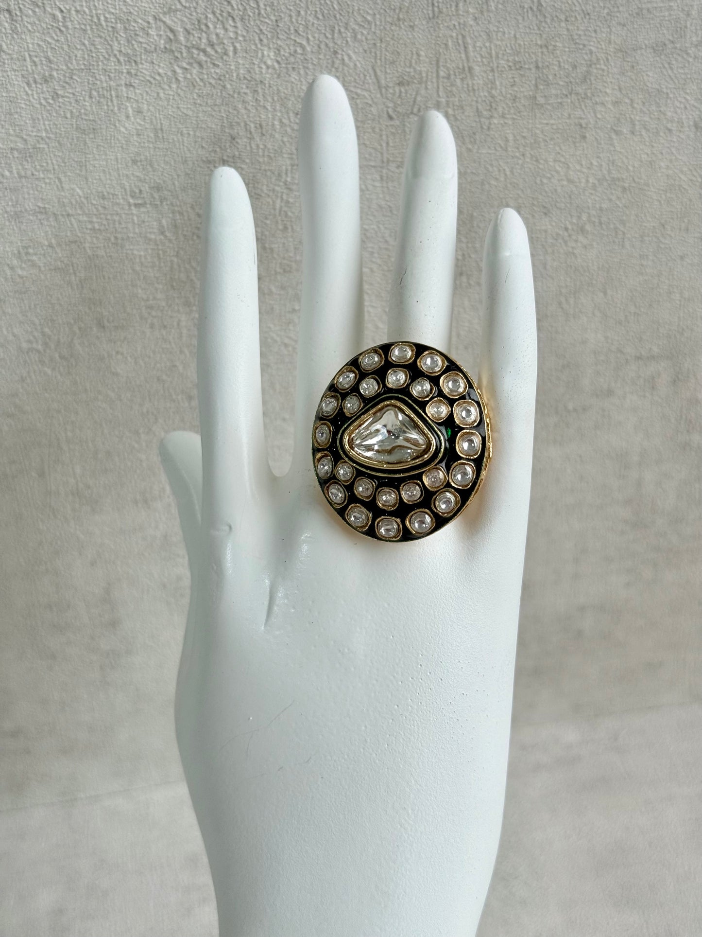 Ayura Designs Firdos Adjustable Ring – Mirror-Cut Stone Statement Ring with Green Enamel