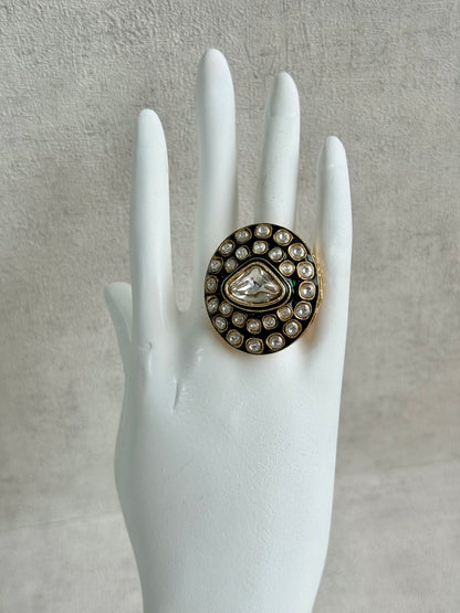 Ayura Designs Firdos Adjustable Ring – Mirror-Cut Stone Statement Ring with Green Enamel