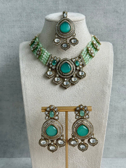 Ayura Designs Rahi Set – Mint & Pistachio Green Dual-Tone Stones with Mirror-Cut Detailing & Pearl Strands