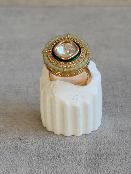 Ayura Designs Roselle Adjustable Ring – Moissanite Centre with Crystal Border & Mint Green Beads