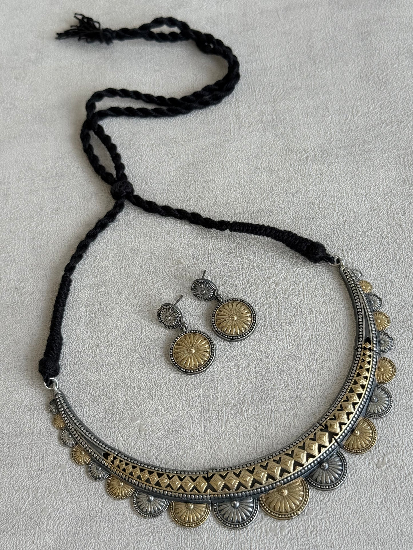 Ayura Designs Surmai Necklace Set with Earrings – Dual Tone Oxidised Necklace with Disc Motifs & Geometric Detailing