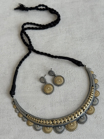 Ayura Designs Surmai Necklace Set with Earrings – Dual Tone Oxidised Necklace with Disc Motifs & Geometric Detailing