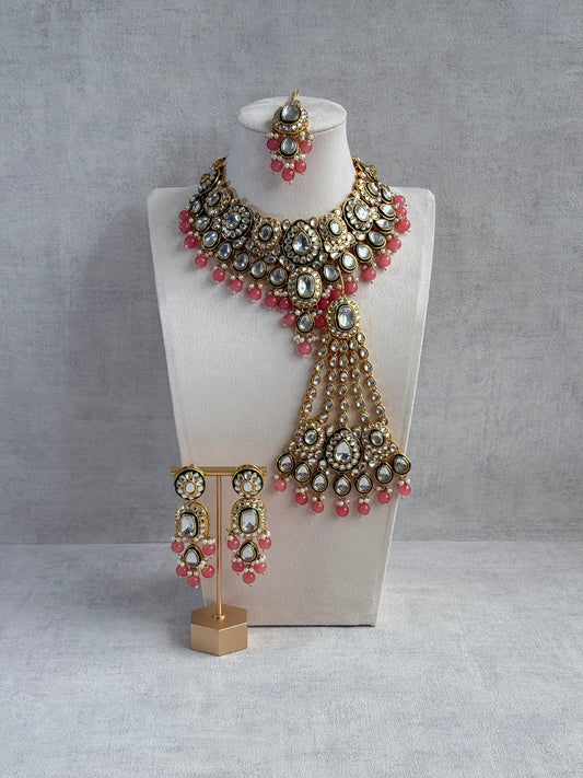 Ayura Designs Jashan Set with Necklace, Earrings, Tikka & Passa – Kundan Detailing, Pearl Drops & Blush Peach Beads