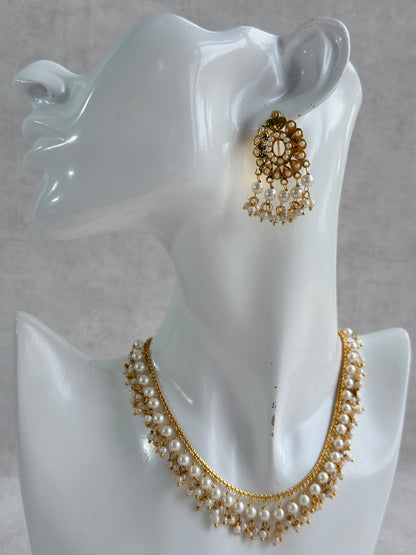 Ayura Designs Tarz Necklace Set with Earrings – Gold Pearl Layered Fringe Design with Pearl Drops