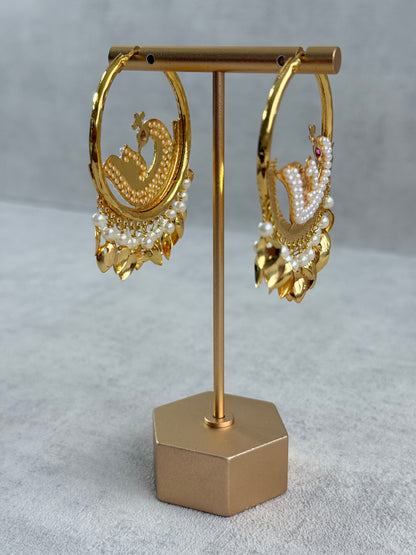 Ayura Designs Hansi Balis – Peacock Design with Pearl & Pippal Patti Detailing in Gold Finish