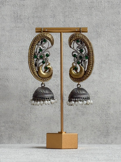 Ayura Designs Fasana Earrings – Dual Tone Oxidised Peacock Ear Climbers with Emerald Green Stones & Pearl Drops