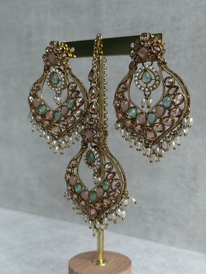 Ayura Designs Damini Tikka Set – Mirror-Cut Kundan Earrings & Tikka with Mint & Blush Enamel and Pearl Detailing