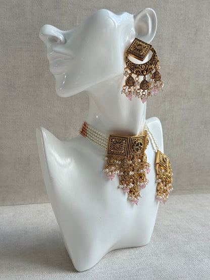 Ayura Designs Samera Choker Set with Earrings & Tikka – Blush Pink Beads, Pearl Detailing, Green Centre Stone, Floral Motifs & Antique Gold Finish