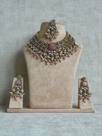 Ayura Designs Gulrukh Bridal Set with Necklace, Jhumkis & Tikka – Jadau Kundan Craftsmanship with Mirror-Cut Polki, Blush Rose Stones & Antique Gold Finish