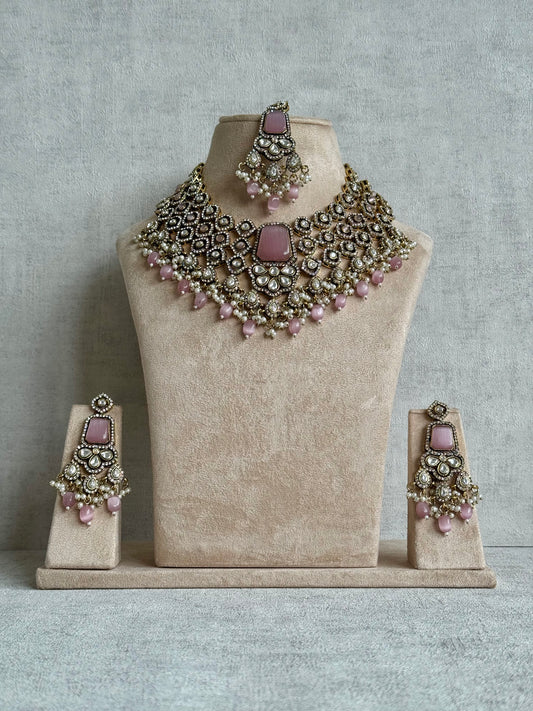 Ayura Designs Gulrukh Bridal Set with Necklace, Jhumkis & Tikka – Jadau Kundan Craftsmanship with Mirror-Cut Polki, Blush Rose Stones & Antique Gold Finish