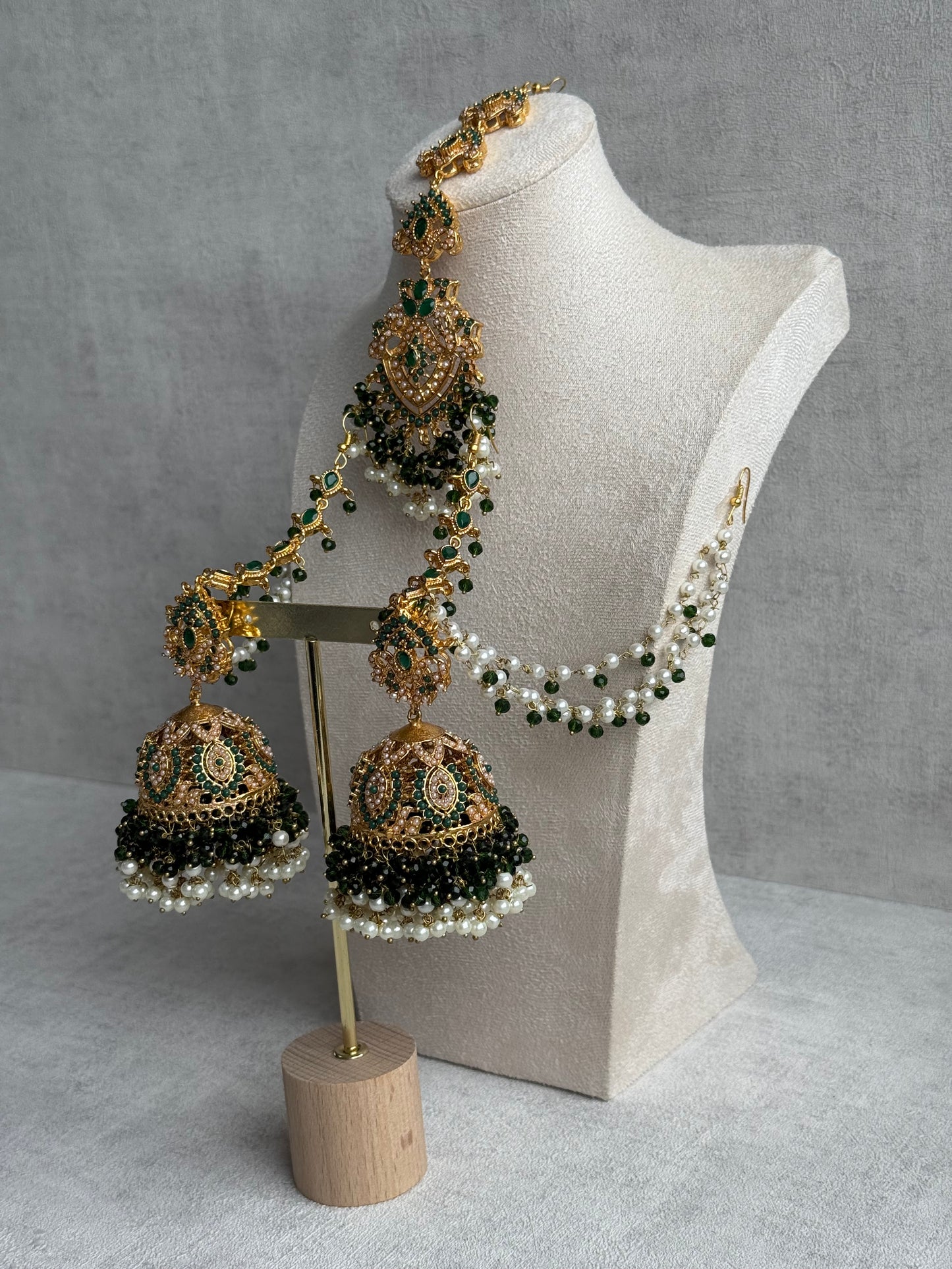 Ayura Designs Safia Tikka Set with Sahare Earrings – Emerald Green Beads & Champagne Crystals