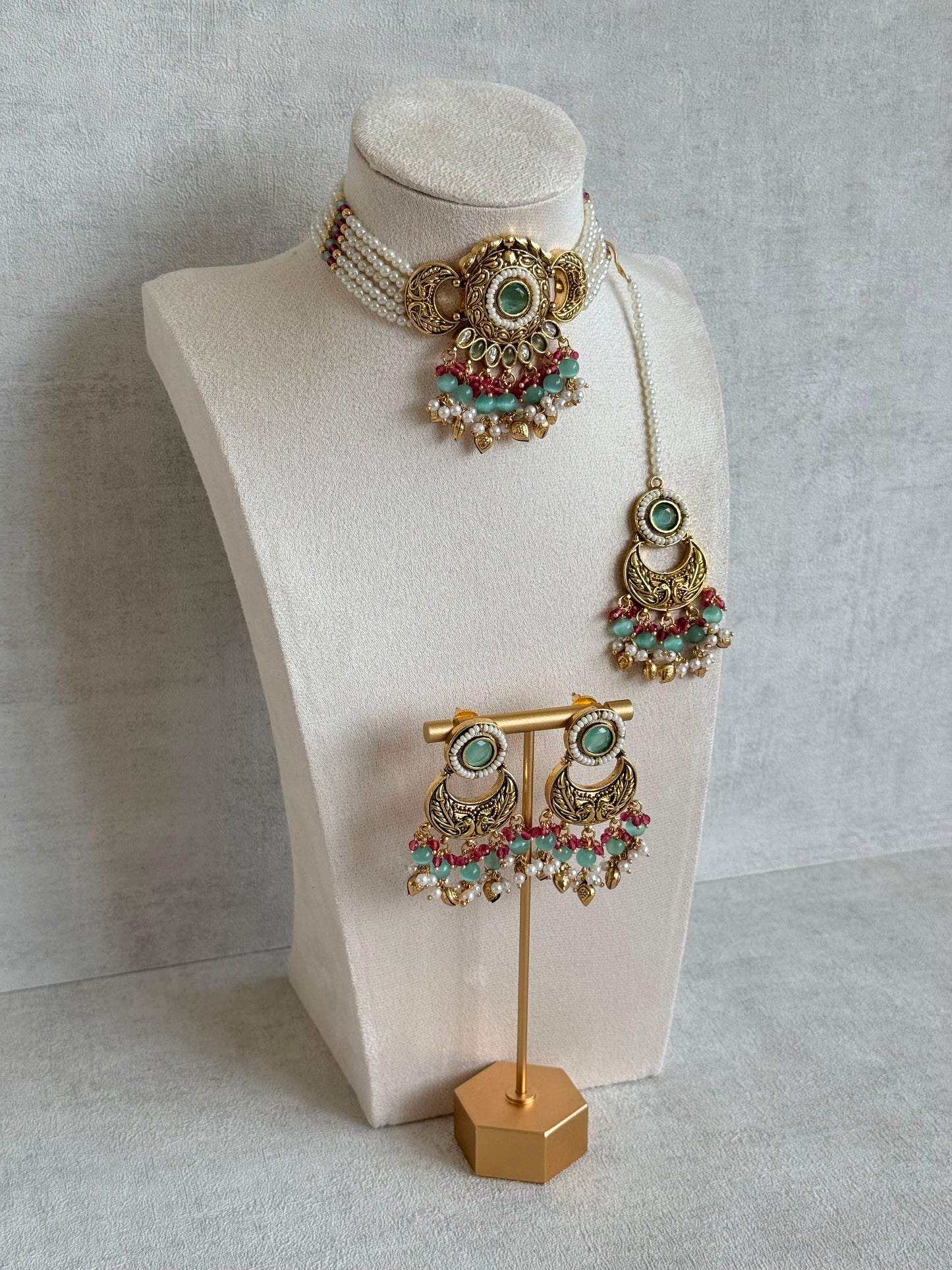 Ayura Designs Mehr Choker Set with Earrings & Tikka – Mint Green Stones, Ruby Pink Beads, Pearl Strands & Antique Gold Finish