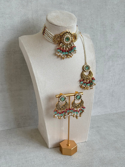 Ayura Designs Mehr Choker Set with Earrings & Tikka – Mint Green Stones, Ruby Pink Beads, Pearl Strands & Antique Gold Finish