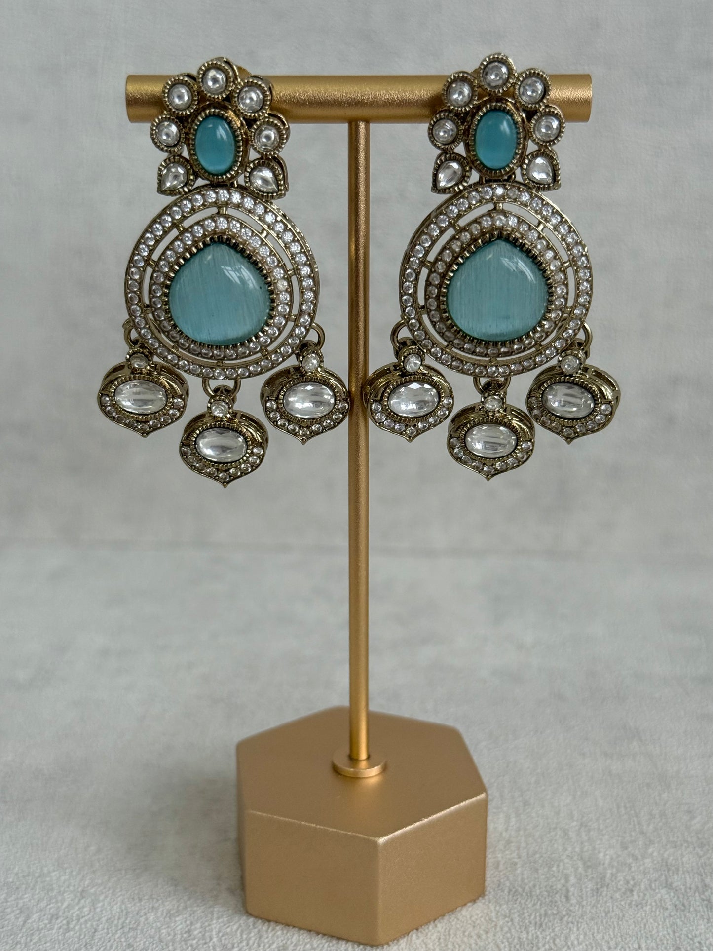 Ayura Designs Rahi Necklace Set with Earrings & Tikka – Aqua Blue Stones with Mirror-Cut Detailing & Pearl Strands