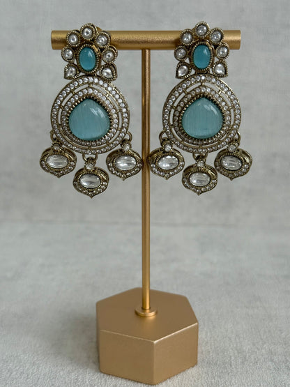 Ayura Designs Rahi Necklace Set with Earrings & Tikka – Aqua Blue Stones with Mirror-Cut Detailing & Pearl Strands