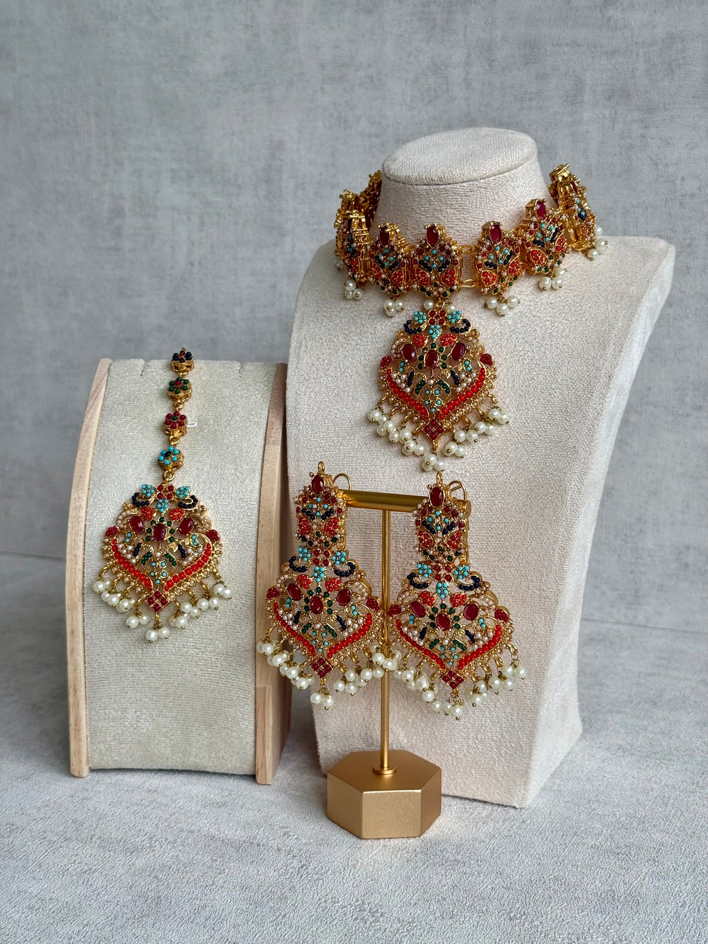 Ayura Designs Itrat Set with Choker, Earrings & Tikka – Antique Gold with Multicolour Stones & Pearl Detailing