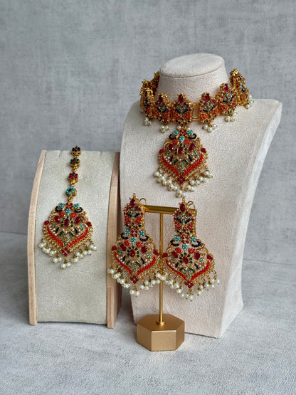 Ayura Designs Itrat Set with Choker, Earrings & Tikka – Antique Gold with Multicolour Stones & Pearl Detailing