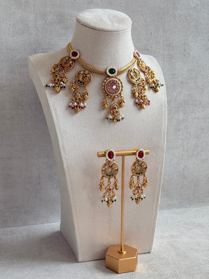 Ayura Designs Parchhai Necklace Set with Earrings – Rose Pink, Ruby Red & Emerald Green Stones, Bird Motifs & Pearl Detailing
