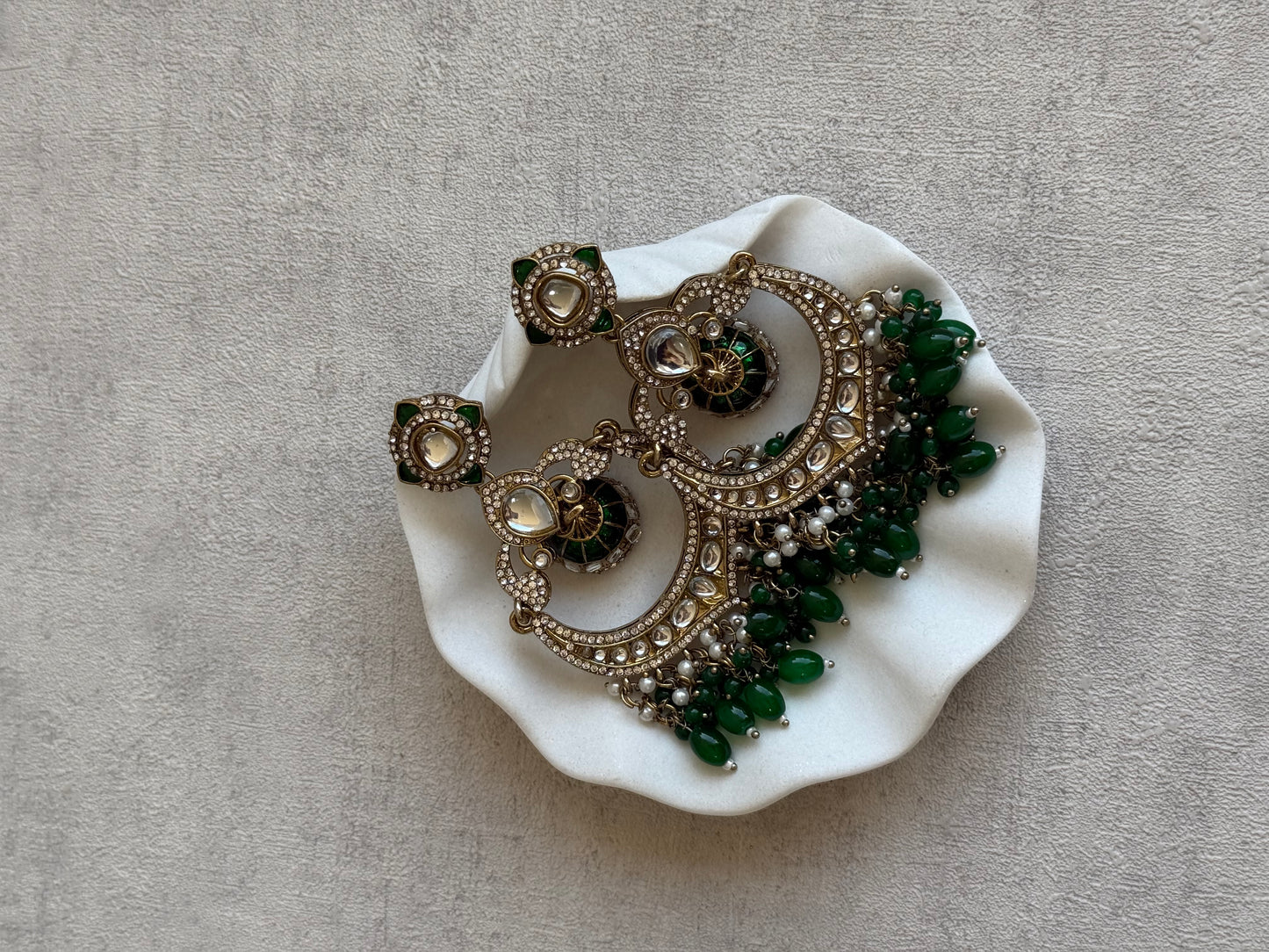 Ayura Designs Reha Earrings – Statement Chandbalis with Emerald Green Beads, Pearls & Mirror-Cut Stones