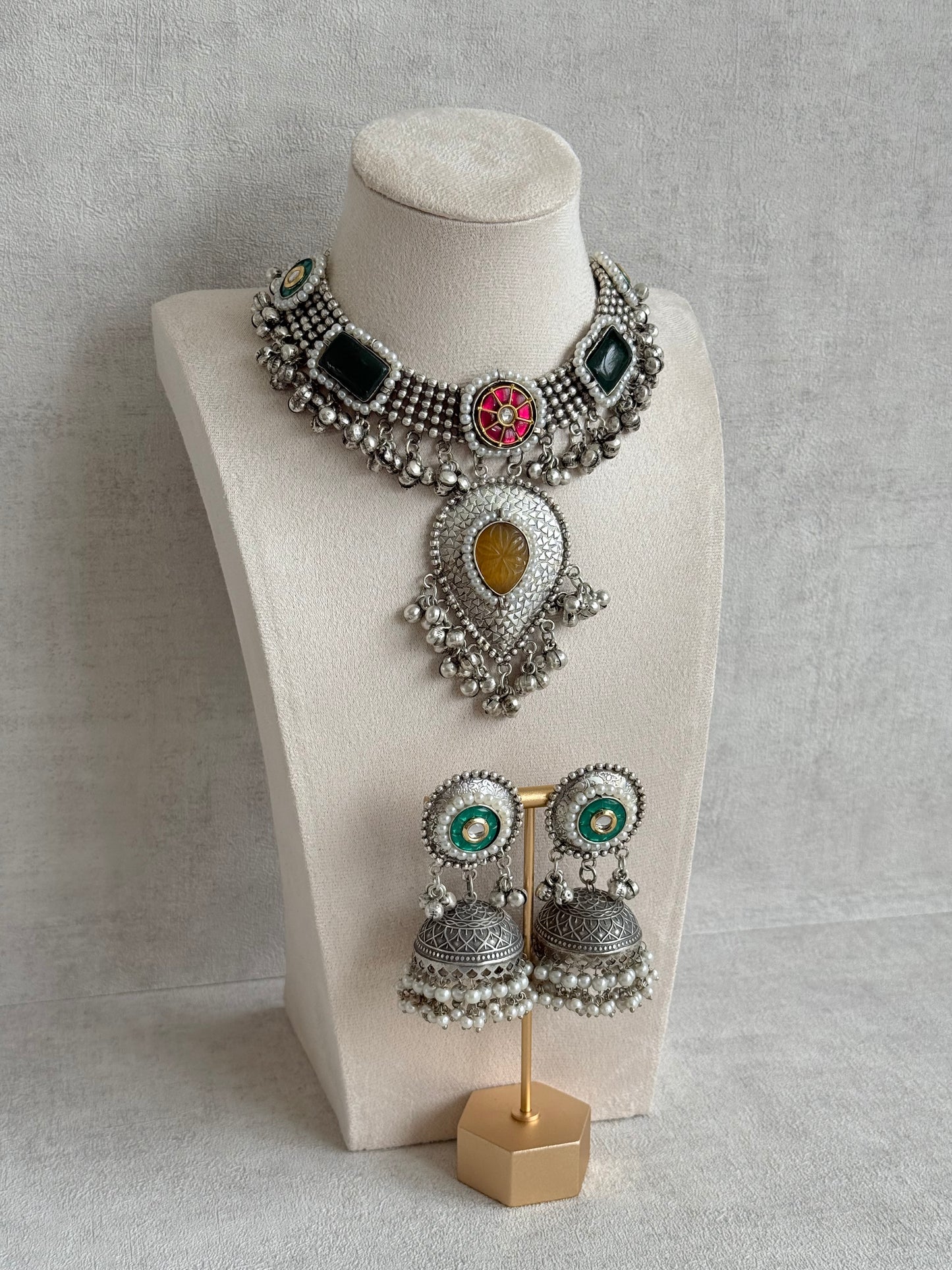 Ayura Designs Izel Necklace Set with Jhumkis – Oxidised Silver Statement Necklace with Multicolour Stones & Ghungroo Detailing