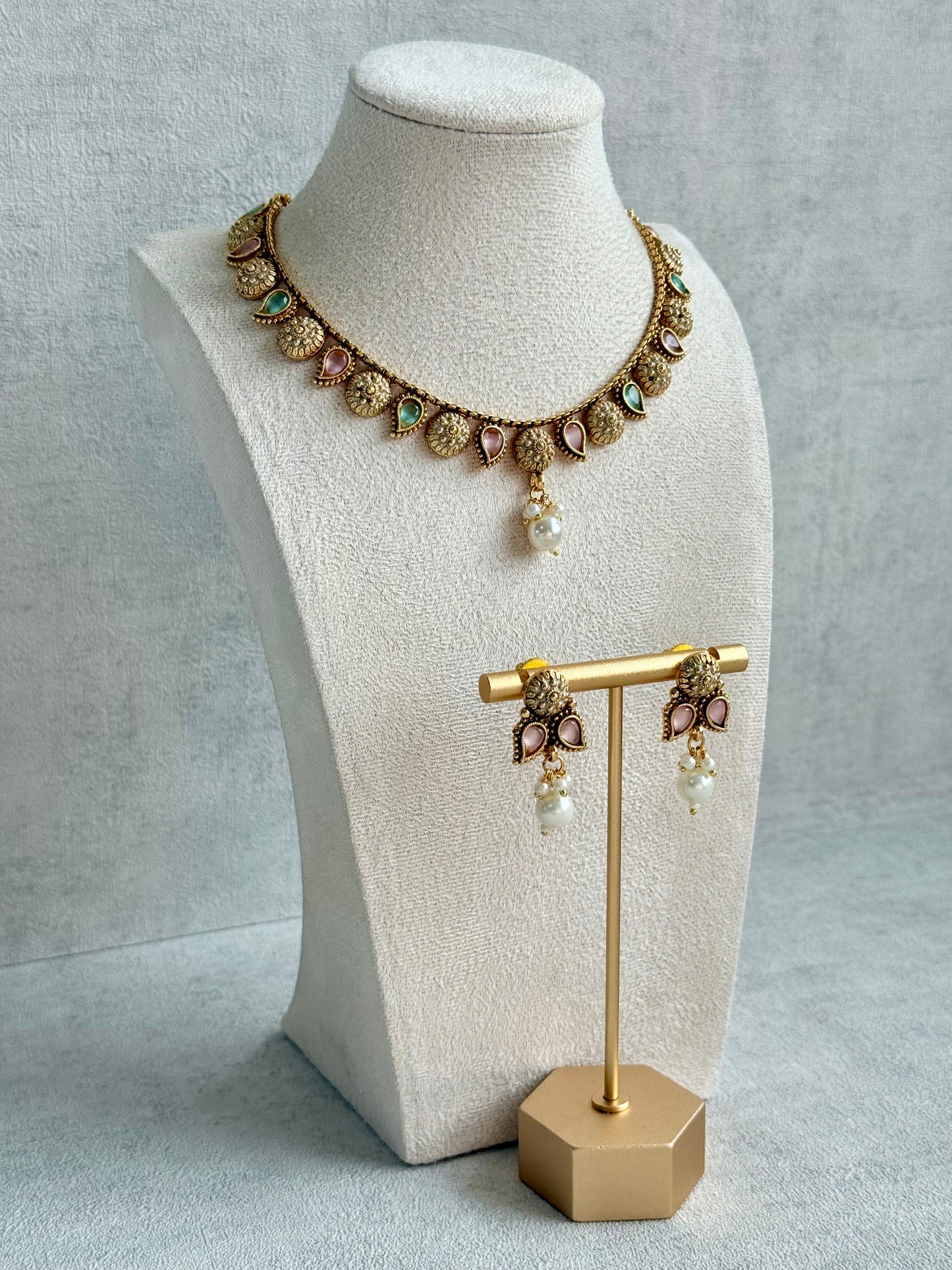 Ayura Designs Mayura Necklace Set with Earrings – Antique Gold Meenakari Motifs with Pearl Drop & Blush Pink and Mint Green Stones