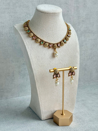 Ayura Designs Mayura Necklace Set with Earrings – Antique Gold Meenakari Motifs with Pearl Drop & Blush Pink and Mint Green Stones