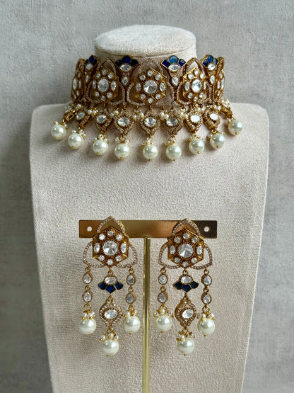 Ayura Designs Serina Choker Set with Earrings – Midnight Blue Enamel, Mirror-Cut Stones & Pearl Drops