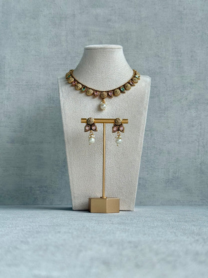 Ayura Designs Mayura Necklace Set with Earrings – Antique Gold Meenakari Motifs with Pearl Drop & Blush Pink and Mint Green Stones