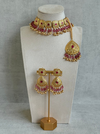 Ayura Designs Chetna Choker Set with Earrings & Tikka – Rani Pink Beads, Cream Pearl Drops with Pipal Patti Detailing