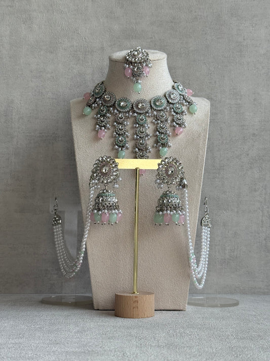 Ayura Designs Nawal Set – Necklace, Jhumkis, Tikka & Detachable Sahare with Mint & Blush Beads, Pearls & Antique Silver Finish