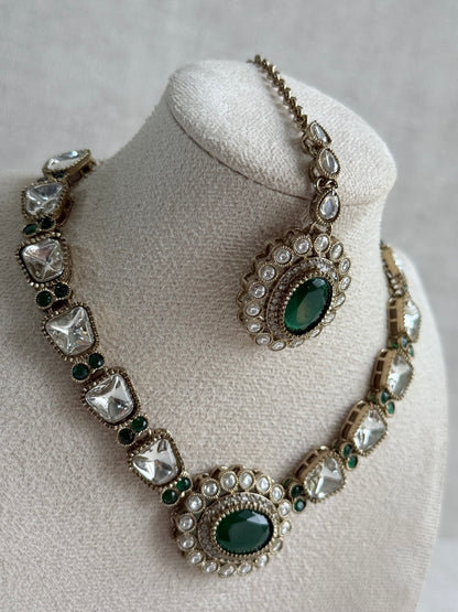 Ayura Designs Inza Necklace Set – Emerald Green Stones, Kundan & Crystals with Antique Gold Finish