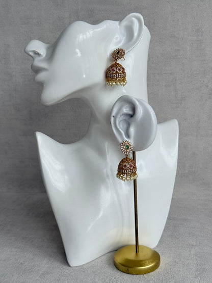 Ayura Designs Ela Jhumkis – Emerald Green Studs with Crystal Floral Jhumkis & Pearl Drops
