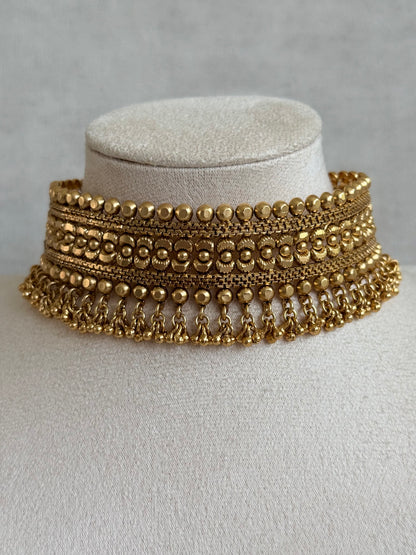 Ayura Designs Tavnoor Choker Set with Stud Earrings – Antique Gold Statement Choker with Traditional Bead Detailing