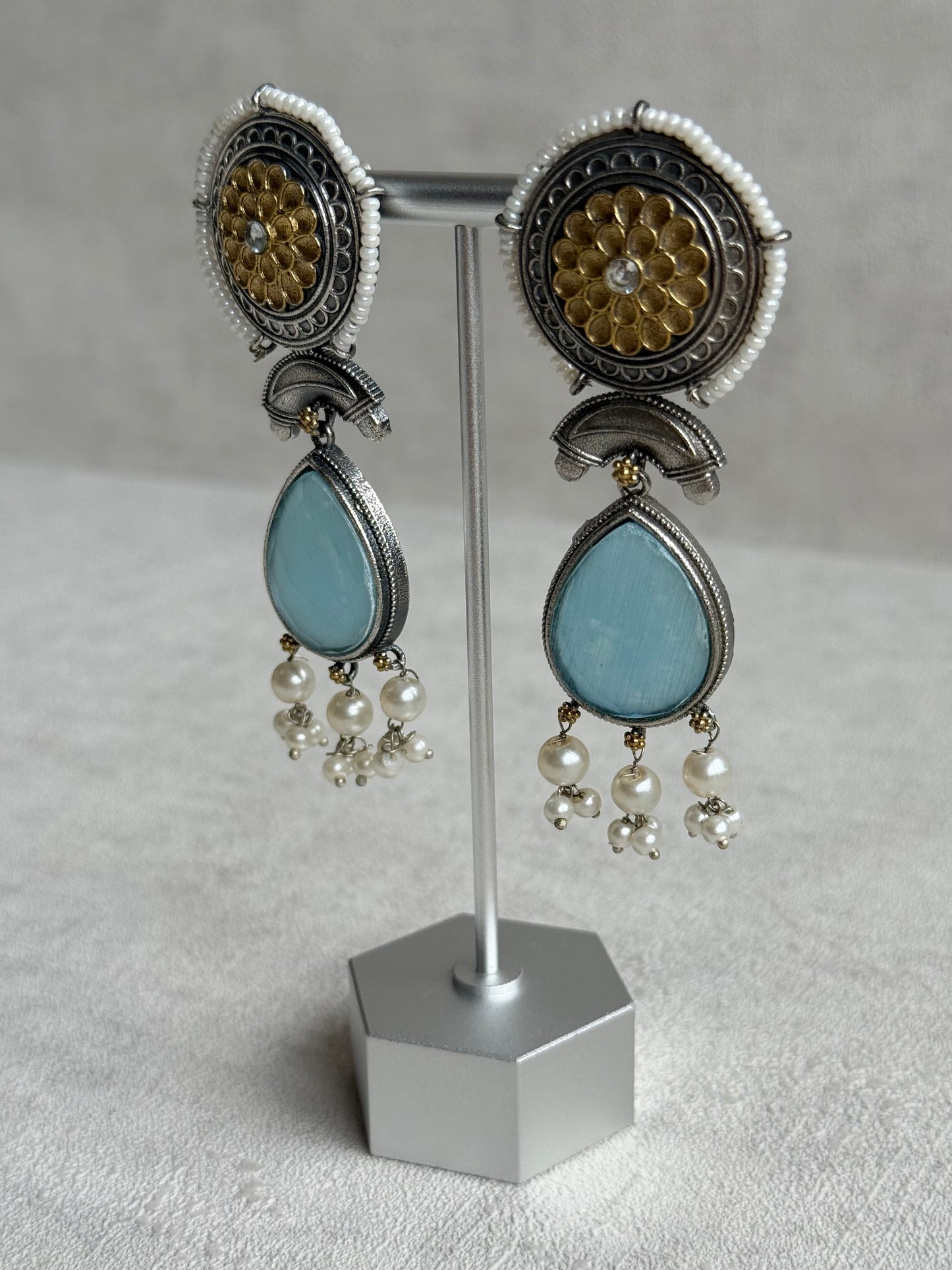 Ayura Designs Nazm Earrings – Dual Tone Oxidised Statement Earrings with Aqua Blue Stones & Pearl Clusters