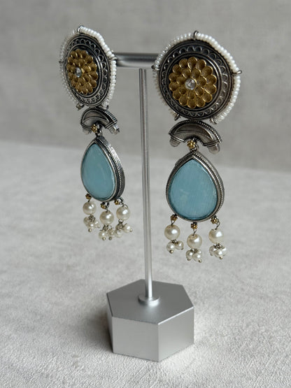 Ayura Designs Nazm Earrings – Dual Tone Oxidised Statement Earrings with Aqua Blue Stones & Pearl Clusters