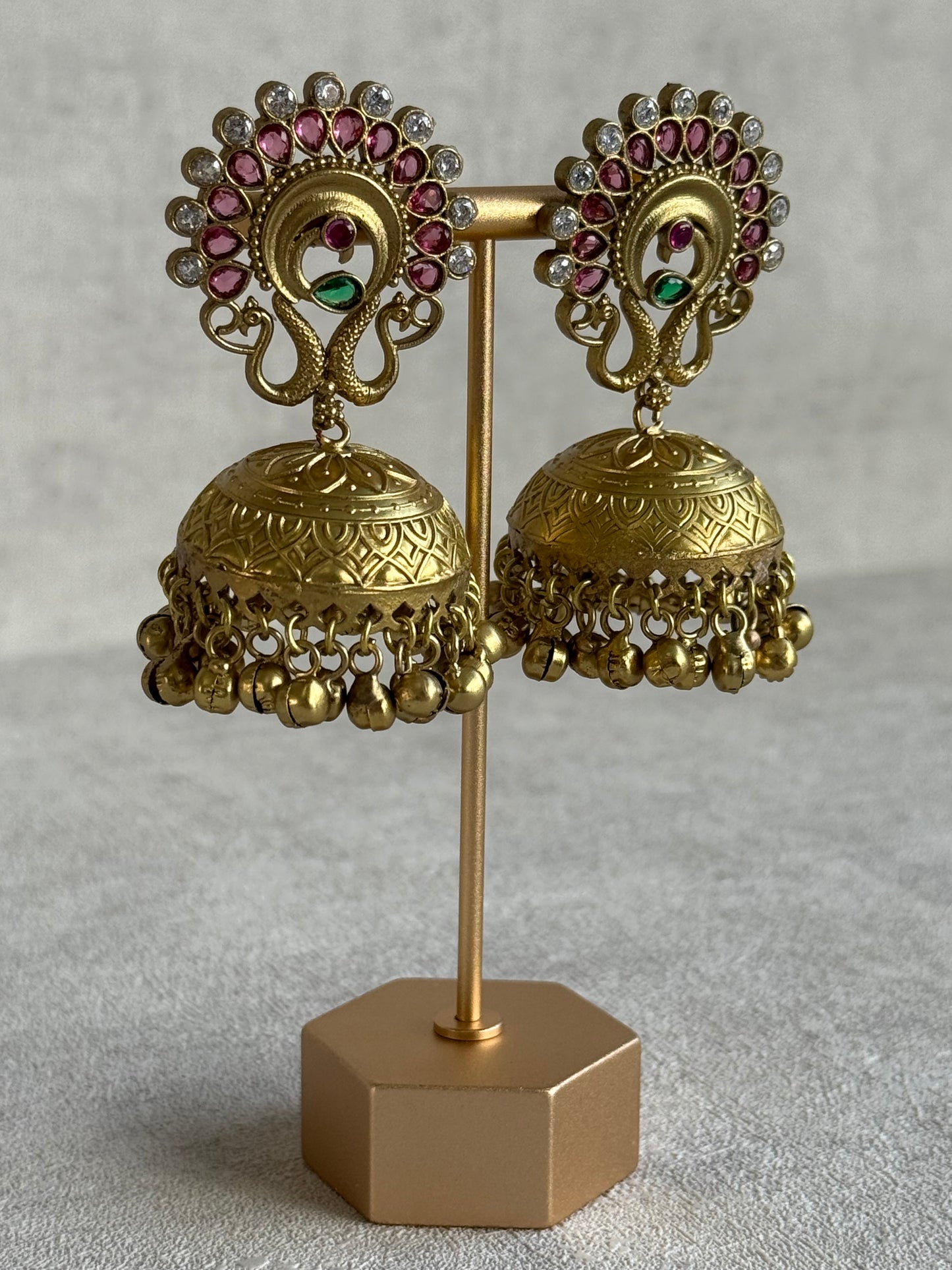 Ayura Designs Moraya Jhumkis – Berry Pink Peacock Motif with Antique Gold Detailing