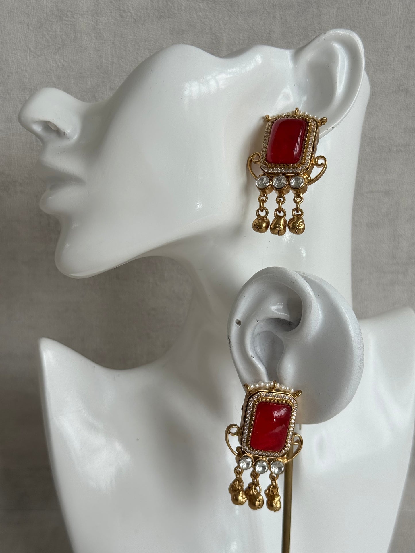 Ayura Designs Aleena Earrings – Ruby Red Stone Stud Earrings with Pearls & Ghungroo Detailing