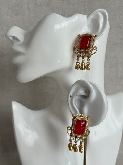 Ayura Designs Aleena Earrings – Ruby Red Stone Stud Earrings with Pearls & Ghungroo Detailing