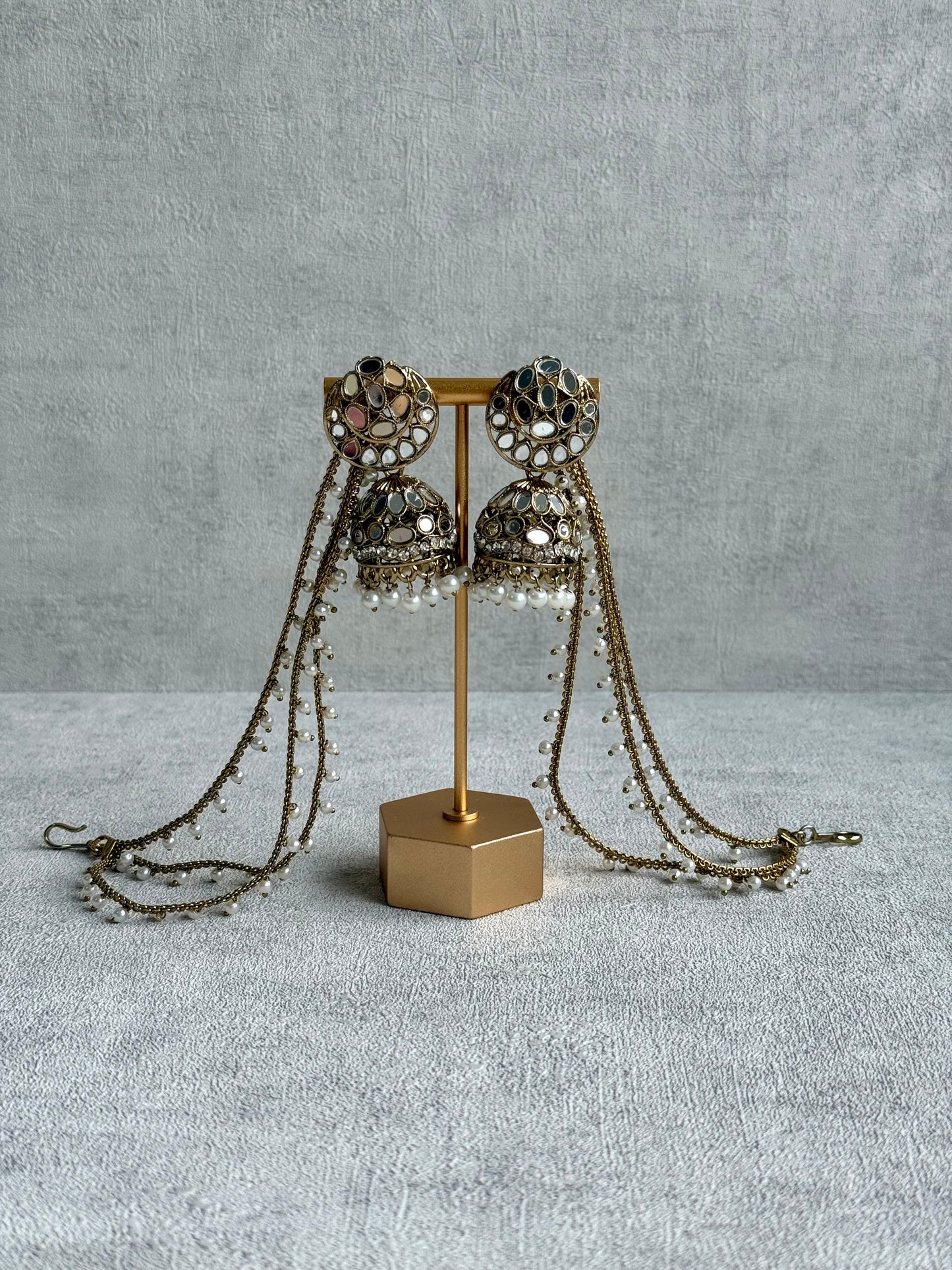 Ayura Designs Aaina Jhumkis – Antique Gold Mirror-Cut Dome Earrings with Detachable Pearl Sahare