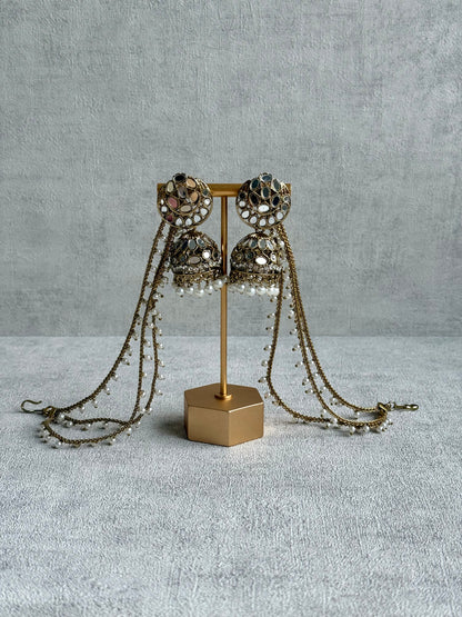 Ayura Designs Aaina Jhumkis – Antique Gold Mirror-Cut Dome Earrings with Detachable Pearl Sahare