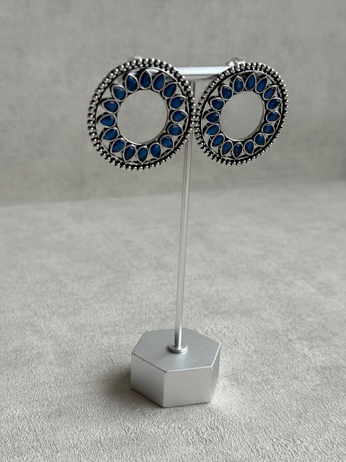 Ayura Designs Kesar Studs – Statement Oxidised Stud Earrings with Ink Blue Stones