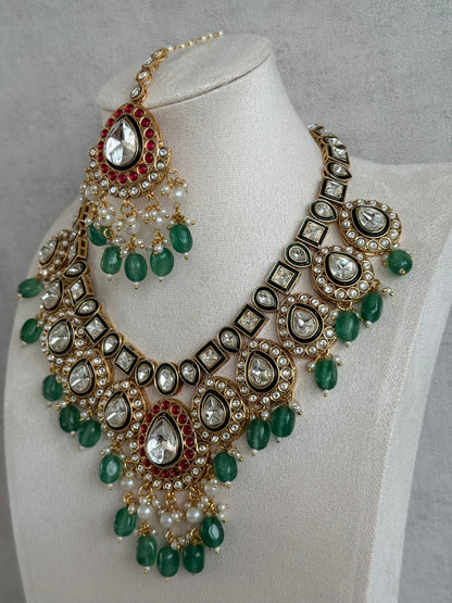Ayura Designs Eesha Set with Necklace, Earrings & Tikka – Multicolour Stones with Kundan Detailing, Emerald Green Beads & Pearl Drops
