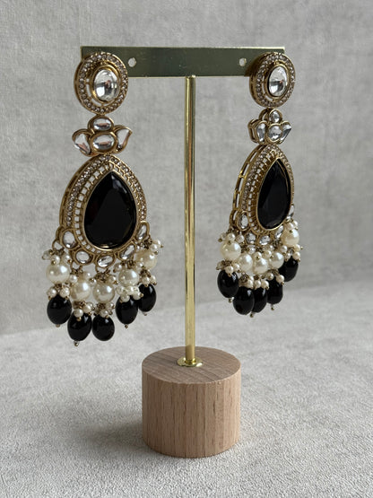 Ayura Designs Nageen Earrings – Antique Gold Jhumkis with Black Stones, Mirror-Cut Accents & Pearl Drops