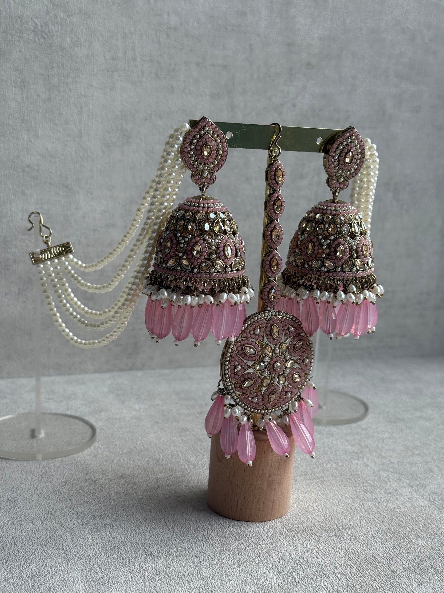 Ayura Designs Amrita Tikka Set – Jhumkis with Sahare & Tikka in Blush Pink, Pearls and Antique Gold Finish