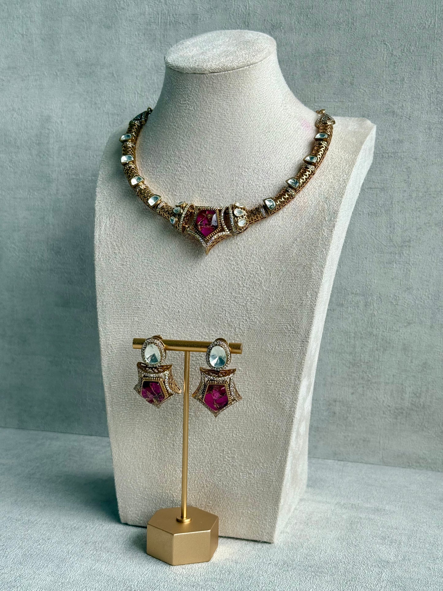 Ayura Designs Krupa Set – Necklace & Earrings with Magenta Stone featuring Natural Marbling, Mirror-Cut Kundan & Antique Gold Detailing